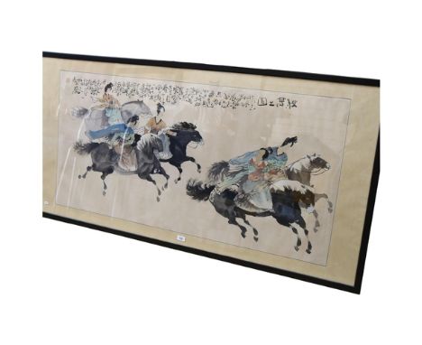 *DESCRIPTION CHANGE* A large Chinese coloured print "the chase" with script, 80cm x 160cm overall, framed
