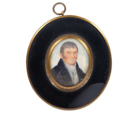 A 19th century oval miniature, watercolour on ivory panel, portrait of a gentleman, 10cm x 9.5cm. This item has been register