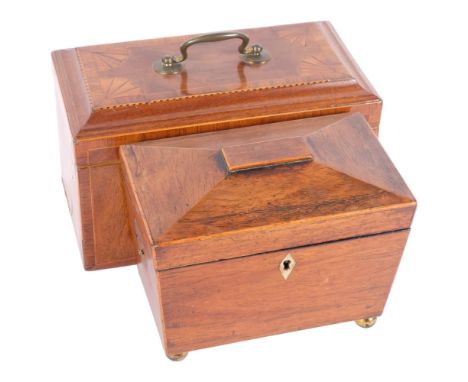 A 19th century mahogany tea caddy, with fitted interior and ring handles, and another with inlaid fan design to lid (A/F), L2