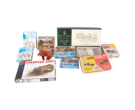 A quantity of Vintage HO and OO scale plastic model display kits, including ITC Midget Models covered wagon and Wells Fargo s