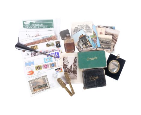 Various items, including portrait miniature, postcards, First Day Covers, hipflask etc (small boxful) 