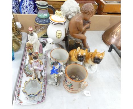 A group of mixed ceramics, including a plaster bust of a cherub (ent fant), a Doulton Lambeth single candlestick, 2 x 19th ce