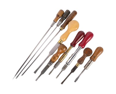 A group of Vintage working tools, including 3 ratchet screwdrivers, to include models by Moore & Wrights, and an American Yan