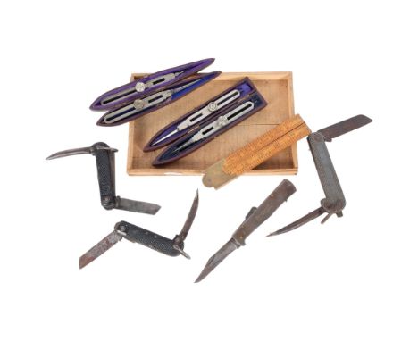 A Rabone brass-mounted folding rule, 4 proportional dividers, including 1 by M Watson & Sons High Holborn London, 3 jack kniv