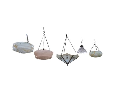 A group of 5 ceiling light shades, including 3 x 1950s glass shades with mottled decoration, a fluted glass lamp shade, and a