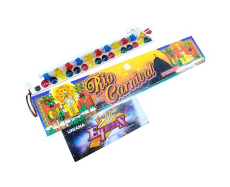 A quantity of items associated with amusement machine games, including a large perspex display board, "Rio Carnival", L180cm,