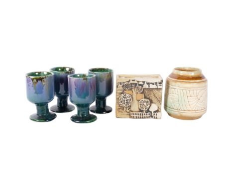 Newlyn Celtic pottery jar, 13cm, a St Ives Wheel pottery sculpture, and a set of 4 goblets 