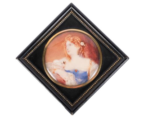 A 19th century miniature, watercolour on ivory panel, portrait of a young lady with flower in her hair, frame size 9cm x 9cm.