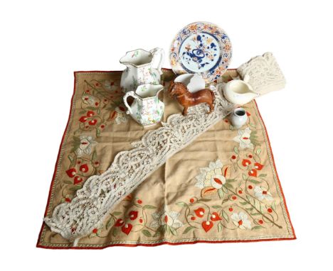 A group of various items, to include an Antique needlework table runner, embroidered tablecloth, a quantity of Antique lace e