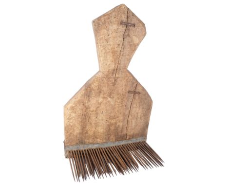 A large Antique wood flax comb with steel teeth, H58cm 