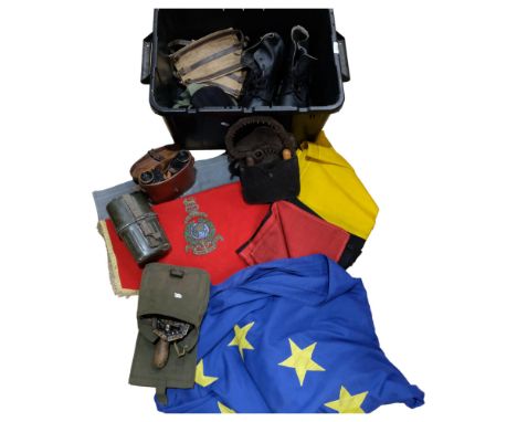 Army flask, webbing belts, binoculars, boots, Eurozone flag etc 