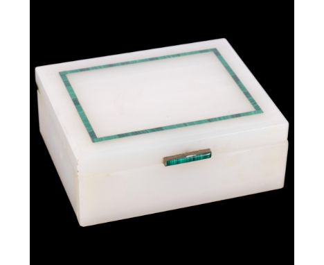 A rectangular white marble and malachite banded hinged box, W12cmGood overall condition, a few surface chips mainly to the co