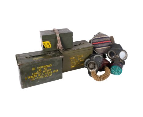 2 metal ammo boxes, and ration box, 2 Second World War gas masks, and a flask 