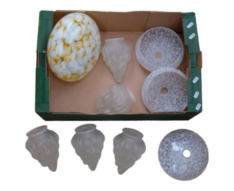 1950s marbled glass ceiling light shade, 25cm across, a set of 3 mottled glass shades, and 5 others 