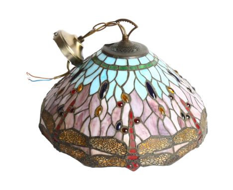 A Tiffany style coloured dragonfly design leadlight ceiling light, diameter 40cm, height to top of rose fitting 43cm approx 