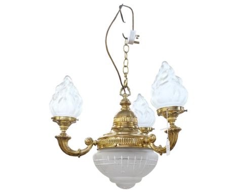 A brass 3-branch chandelier, with frosted glass pendant and shades, drop 75cm 