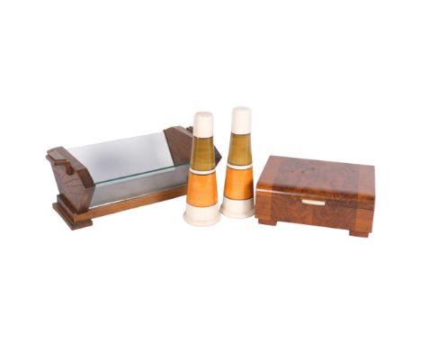 Arthur Wood cruet, 19cm, an oak and glass Deco trough, and a walnut box 