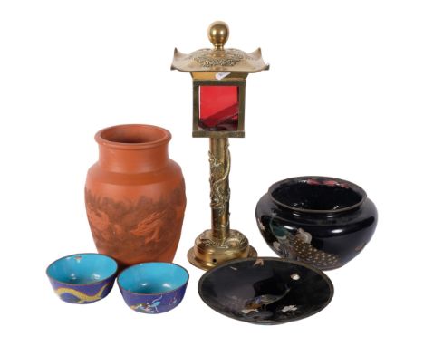 An Oriental red ware vase with dragon decoration, 24cm, 4 cloisonne bowls and dishes, and a cast-brass lantern with entwined 