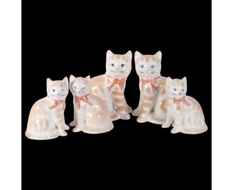 A group of 5 Rye painted pottery cat figures, tallest 19cm 