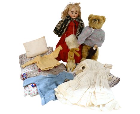 Mohair Wilfred Rabbit Vintage toy, An early 20th century porcelain-headed doll, no maker's marks, jointed limbs, Plush teddy 