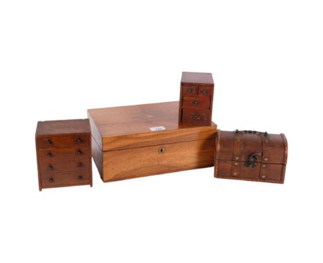 A Victorian mahogany inlaid writing slope, with fitted interior, 30cm across, a model trunk, miniature collector's chest, and