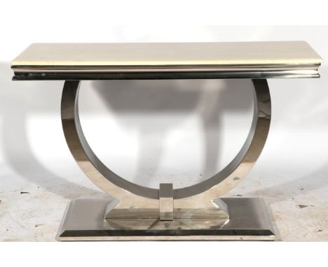 A 1970's Polished Metal Console Table, of rectangular form, the marble top on a curved support and rectangular form base, 120