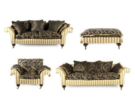 A Four Piece Lounge Suite, modern, upholstered in cream and striped fabric, with removable cushions upholstered in black and 