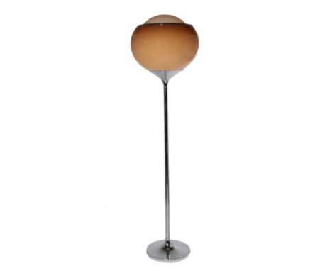 Harvey Guzzini: A 1970's Floor Lamp, designed by Franco Brescianni, with chromed tulipwood shaped base and white and amber pl