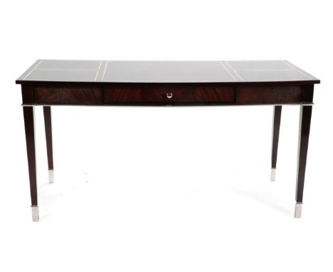 A High Gloss Laminated Wood and Chrome Metal Mounted Writing Table, modern, of rectangular form, the top inlaid with mother-o