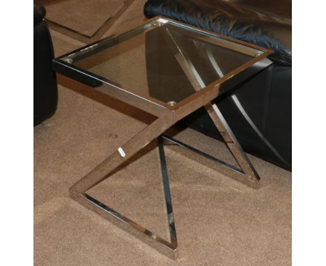 A 1970's Chromed Metal and Glass Lamp Table, with square tubular frame and Z shaped base, 50cm by 50cm by 57cm