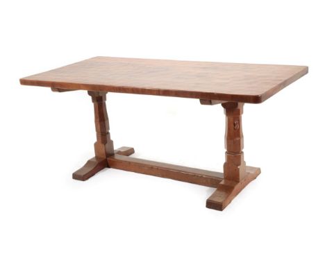 Mouseman: A Robert Thompson of Kilburn English Oak 5ft 6'' Dowelled Top Three Plank Refectory Table, on two octagonal legs jo