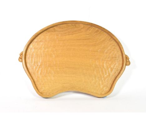 Mouseman: A Robert Thompson of Kilburn English Oak Kidney Tea Tray, with carved mouse signature handles, 48cm wide