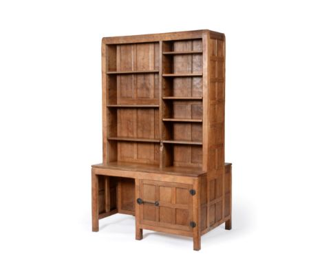 Mouseman: A 1930's Robert Thompson of Kilburn English Oak Double Sided Bookcase Desk, each bookcase with two sections and adj