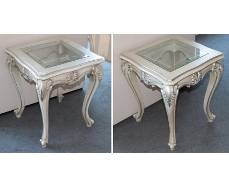 A Pair of Lamp Tables, modern, painted en grisaille with crackle effect paint, the serpentine shaped tops on cabriole legs, 5