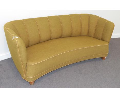 A 1940's Danish Design Curved Sofa, upholstered in olive green fabric with rope detail, 173cm by 60cm by 66cm