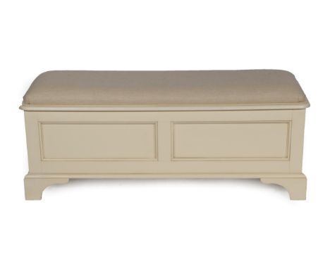 A Laura Ashley Ivory Painted Clifton Range Box Ottoman, modern, with upholstered hinged seat above moulded panels and bracket