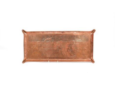 An Arts &amp; Crafts Rectangular Copper Tray, decorated with children playing in the sea with diving birds, unmarked, 72cm by