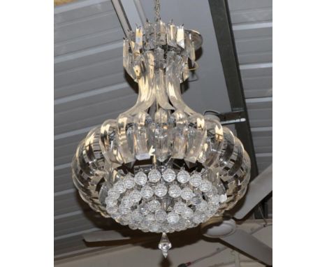 A Perspex and Chrome Pendant Chandelier, modern, with prism shaped drops, with five bayonet cap fittings for bulbs, maximum d