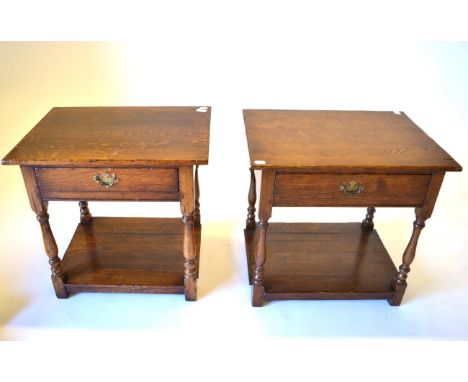 A Pair of Oak Lamp Tables, modern, of rectangular form with frieze drawer, on spindle turned legs with block feet joined by a