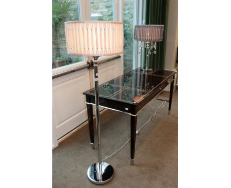 A Chromed Metal Table Lamp, modern, with brown silk effect pleated shade suspending cut glass drops, 71cm high; and A Similar