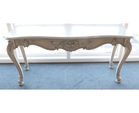 A Grey Painted Console Table, modern, painted en grisaille with crackle effect paint, the top of serpentine shaped form centr