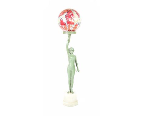 An Art Deco Green Patinated Spelter Figural Lamp, modelled as a nude holding a globe, on a circular onyx base, 62cm (later gl