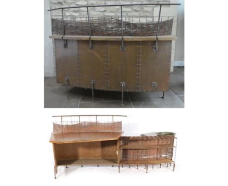 An Oak and Steel Reception Desk, by Amos Marchant at Blue, 1990's, with a shaped rectangular top of tubular steel structure, 