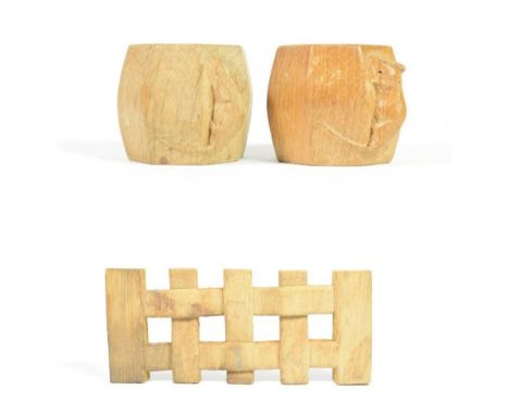 Mouseman: Two Robert Thompson of Kilburn English Oak Napkin Rings, octagonal shape, each with carved mouse signature, 5cm (po