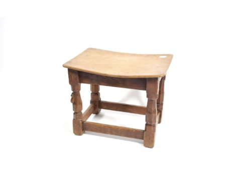 Mouseman: A 1930's/40's Robert Thompson of Kilburn English Oak Dish Top Stool, the rectangular nailed adzed top, on four octa