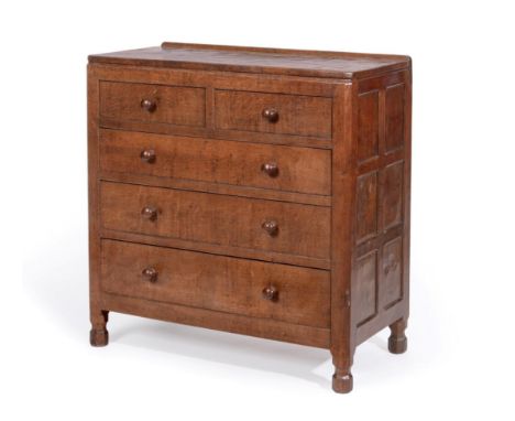 Mouseman: A 1930's Robert Thompson of Kilburn Panelled English Oak Chest of Drawers, with raised upstand above two short over