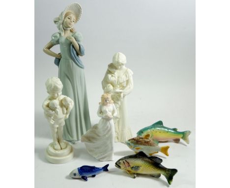 A group of four china figures, including Nao Royal Doulton and Royal Worcester and four china fish 