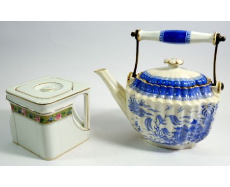 A Spode blue and white teapot and a Wedgwood cube teapot 