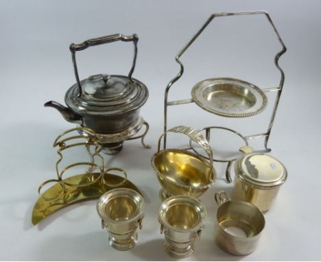 A box of silver plated items including spirit kettle 