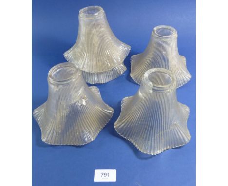 A set of five Victorian ribbed glass 'Hollophane' style lamp shades, 2 1/4" fitter